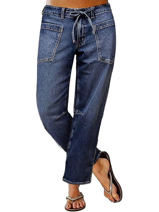 Denim - Women's Mid Waist Straight Leg Jeans Drawstring Cropped Jeans Women Stretchy